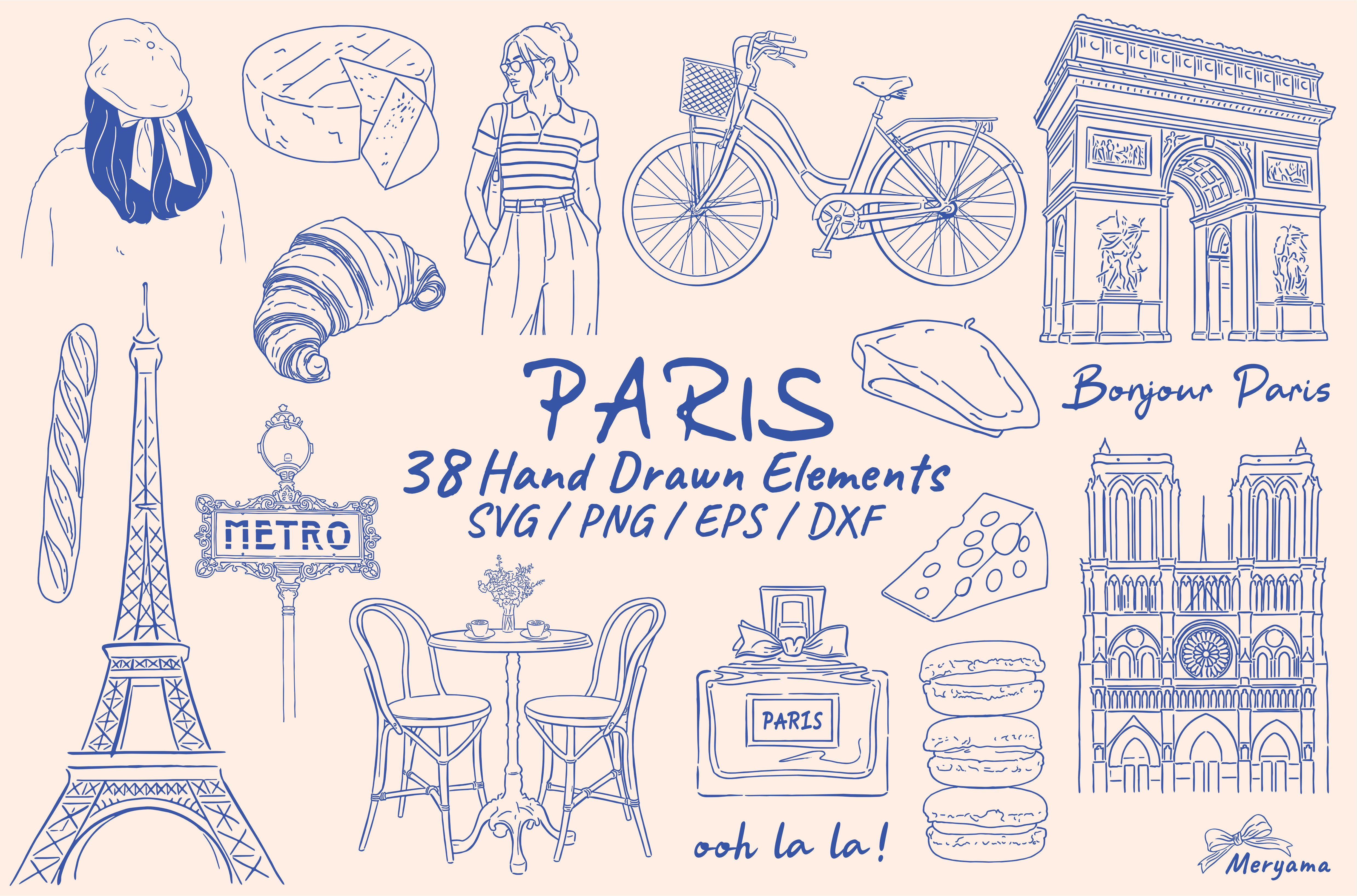Hand Drawn Paris Travel Doodles Line Art
