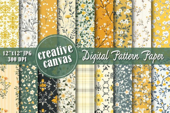 Mustard Yellow Floral Digital Paper Graphic Patterns By Creative Canvas