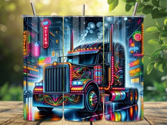 Neon City Semi Truck Tumbler Wrap PNG