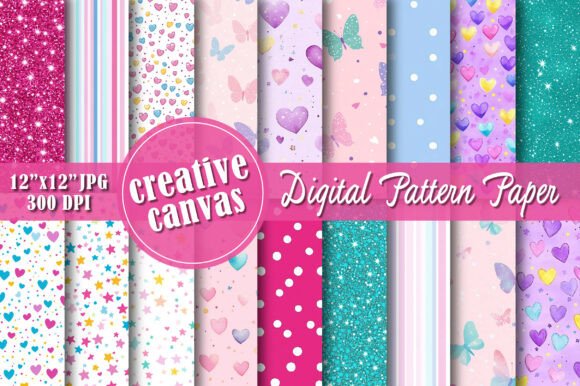 Pink Glitter & Colorful Hearts Digital