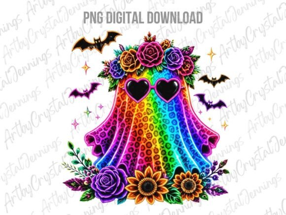 Rainbow Neon Leopard Ghost Halloween PNG