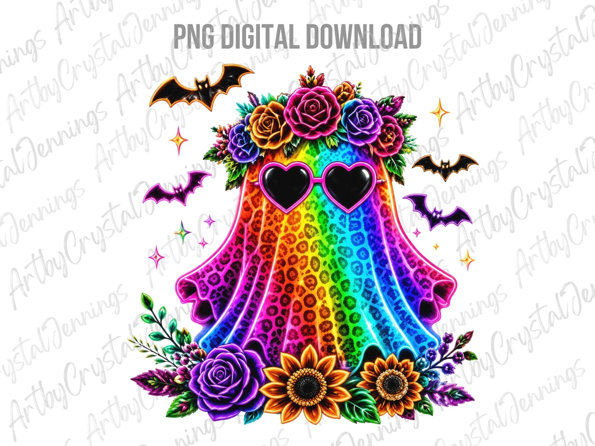 Rainbow Neon Leopard Ghost Halloween PNG