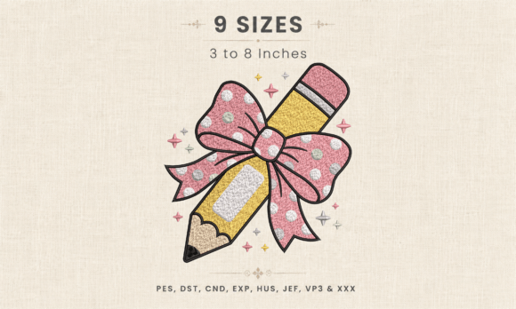 School Pencil Pink Bow Embroidery DST