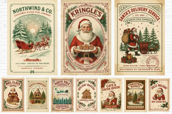 Vintage Christmas Labels Bundle Graphic Illustrations By Artoya
