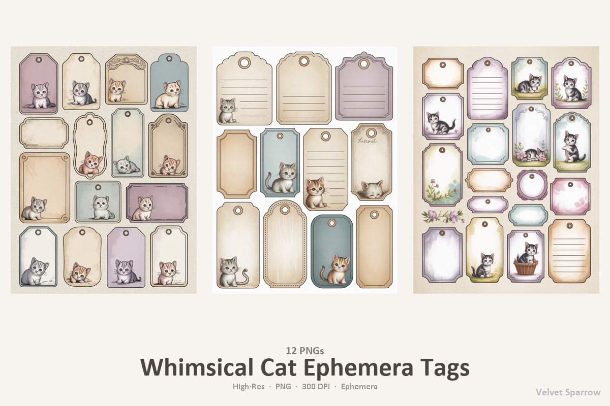 Whimsical Cat Ephemera Tags