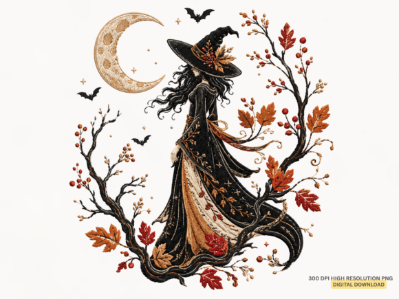 Witch Moon Halloween Floral Autumn Art!! Afbeelding Afdrukbare Illustraties Door SvgCuttingShop