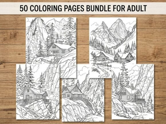 50 Mountain Village Landscape Coloring