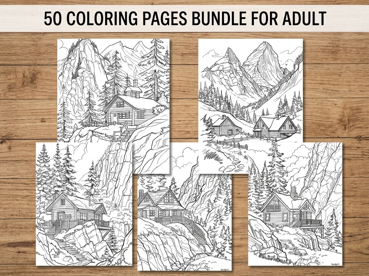 50 Mountain Village Landscape Coloring