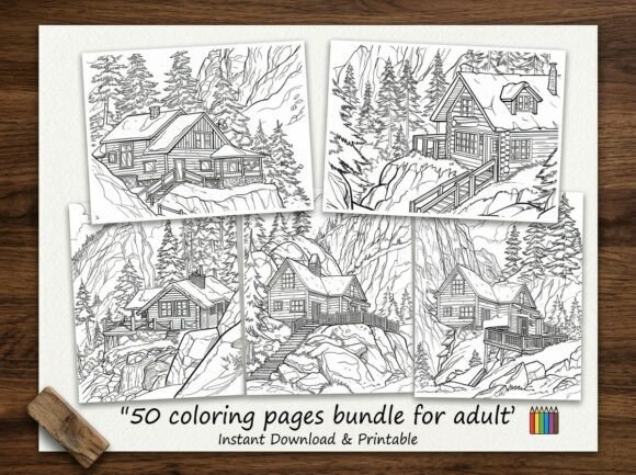 50 Mountain Village Landscape Coloring