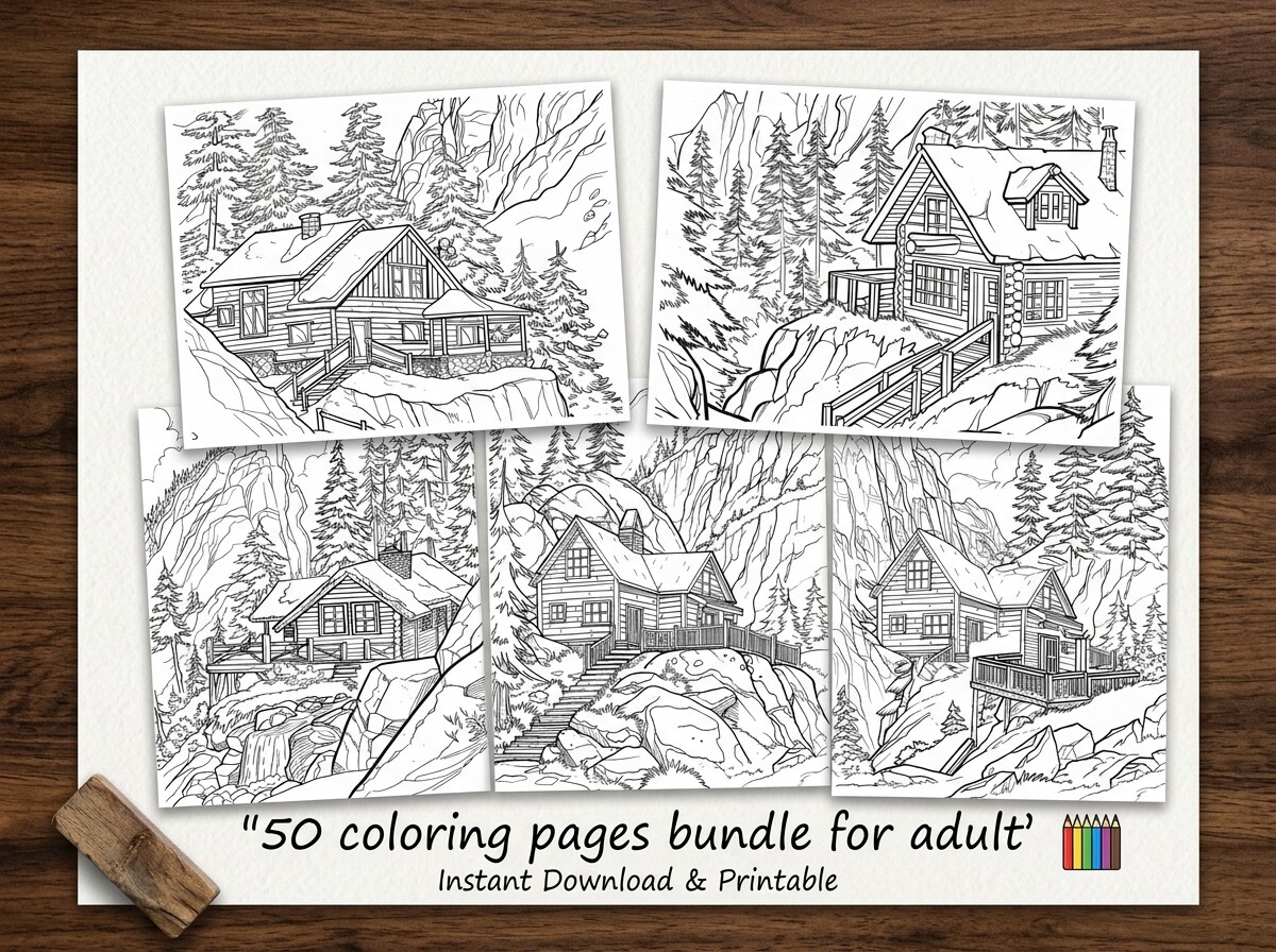 50 Mountain Village Landscape Coloring
