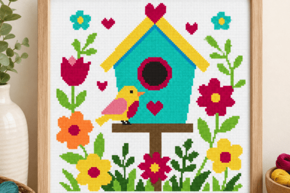 Birdhouse Flowers Cross Stitch Pattern