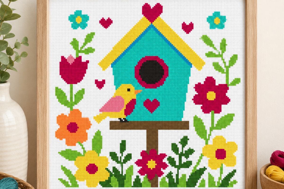 Birdhouse Flowers Cross Stitch Pattern