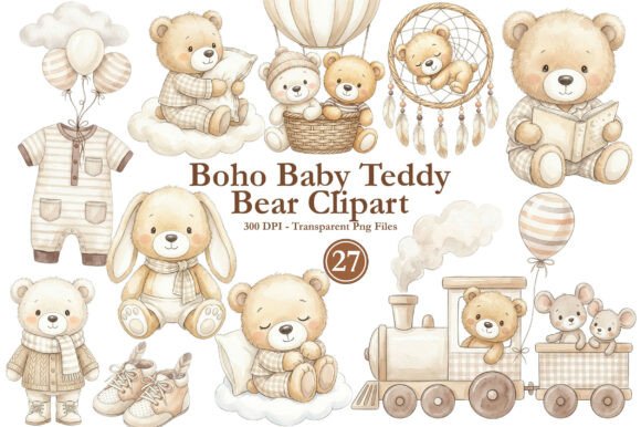 Boho Baby Teddy Bear Clipart PNG