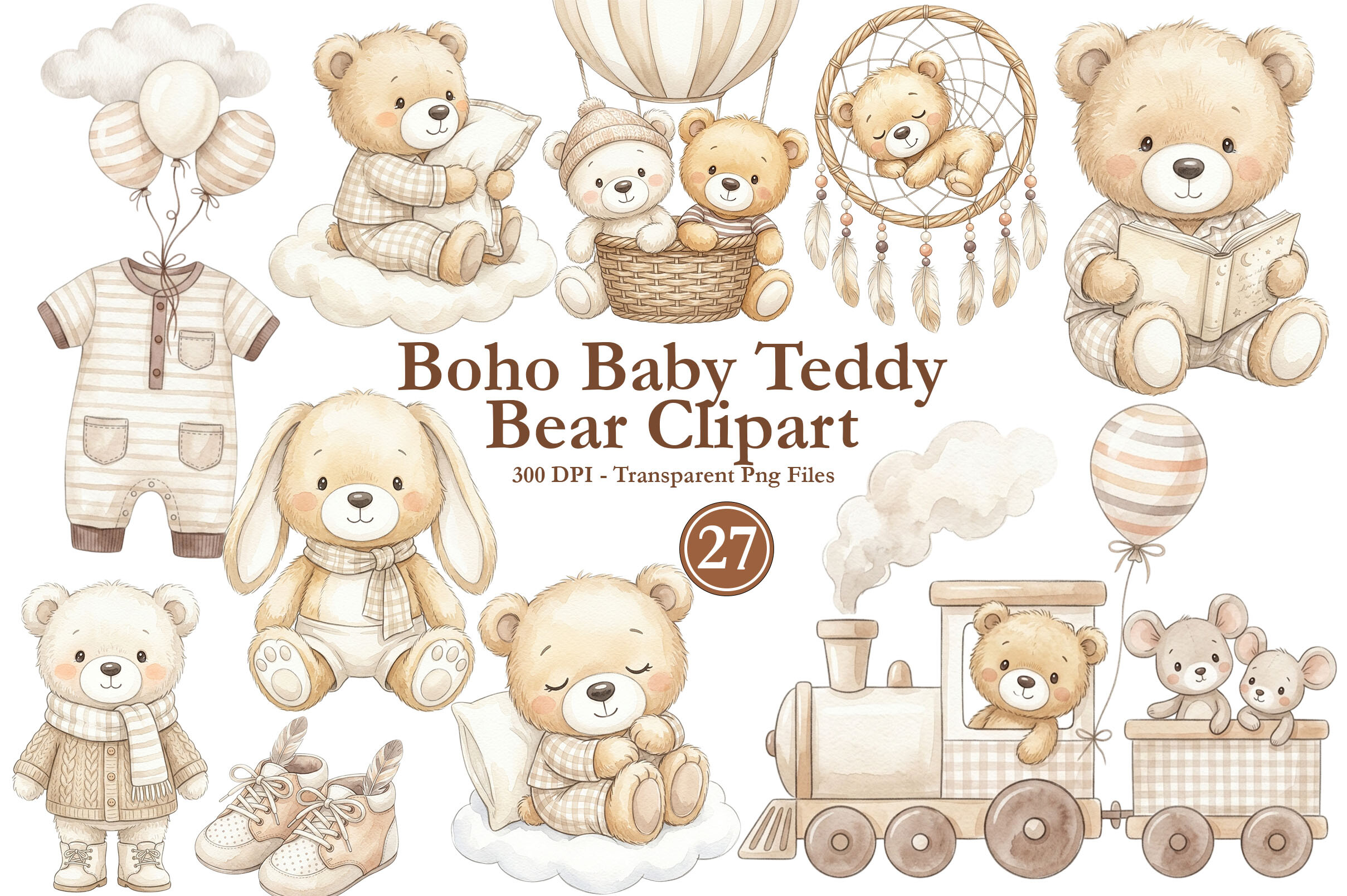 Boho Baby Teddy Bear Clipart PNG