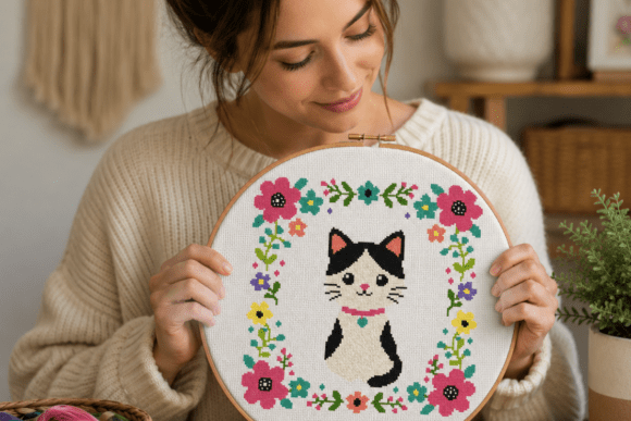 Cat Floral Frame Cross Stitch Pattern