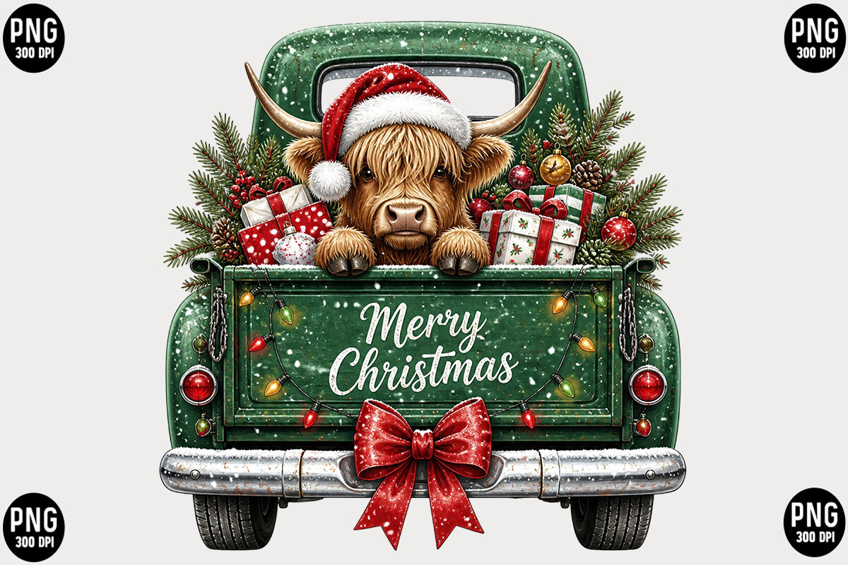 Christmas Highland Cow Truck PNG