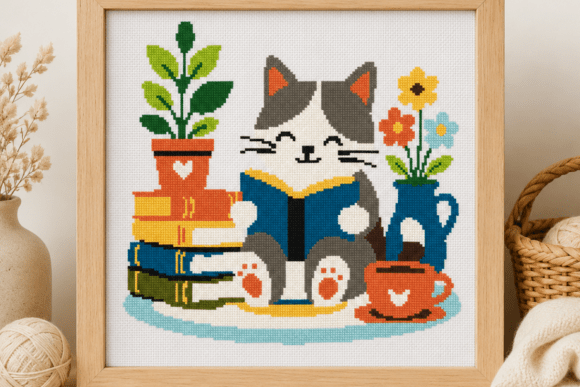 Cozy Cat Reading Cross Stitch Pattern