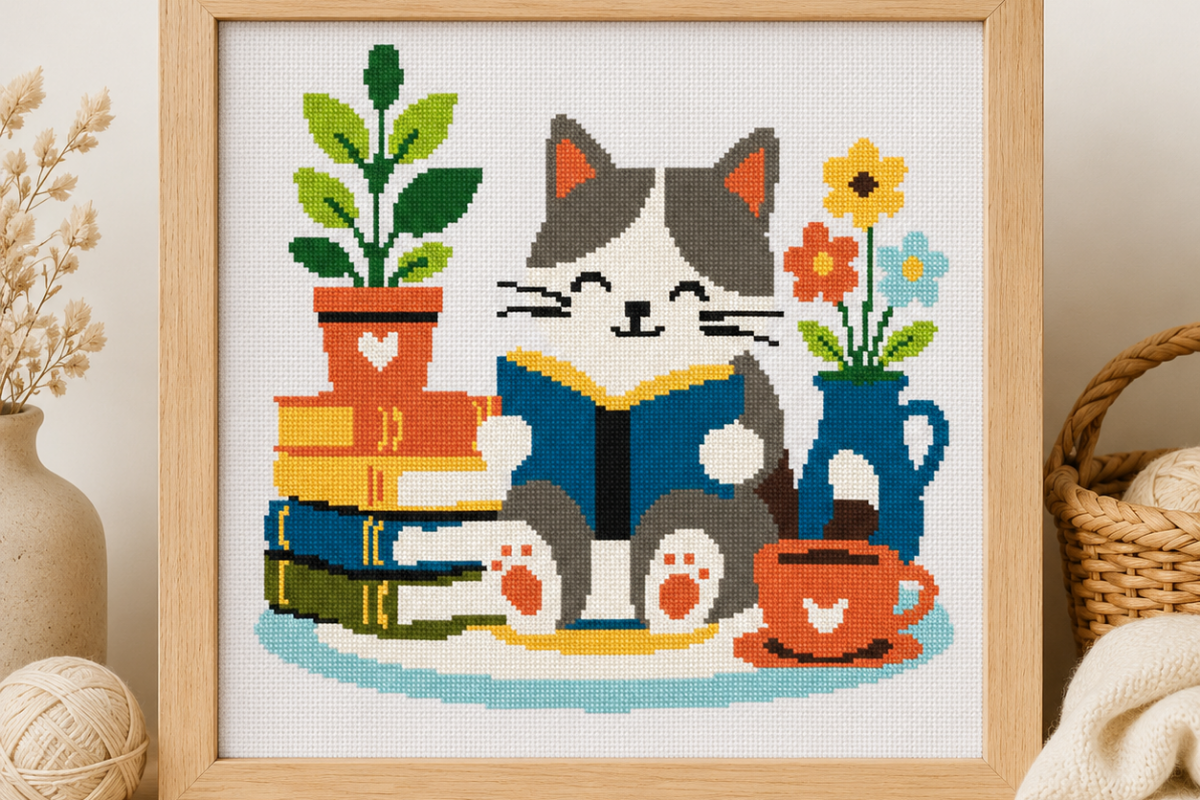 Cozy Cat Reading Cross Stitch Pattern