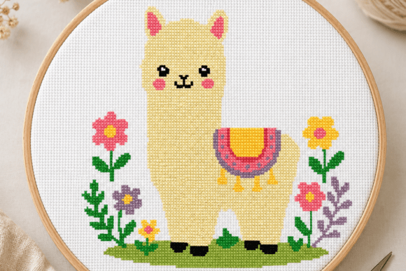 Cute Alpaca Spring Flowers Cross Stitch