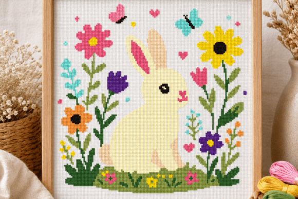 Cute Bunny Flower Garden Cross Stitch