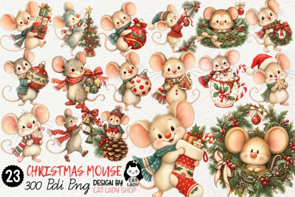 Cute Christmas Mouse Watercolor Clipart