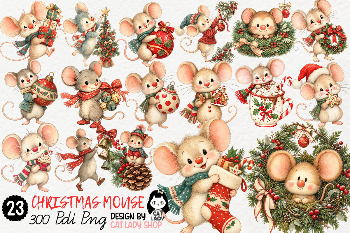 Cute Christmas Mouse Watercolor Clipart