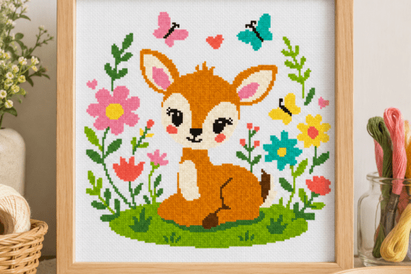 Cute Fawn Flower Meadow Cross Stitch
