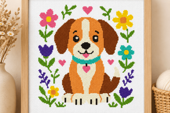 Cute Puppy Floral Cross Stitch Pattern