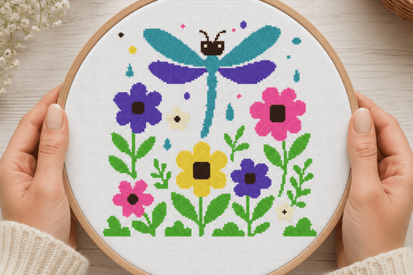 Dragonfly Floral Garden Cross Stitch