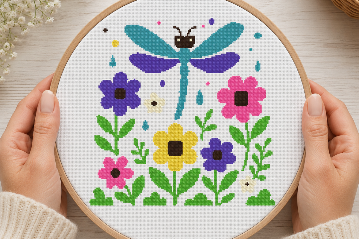 Dragonfly Floral Garden Cross Stitch