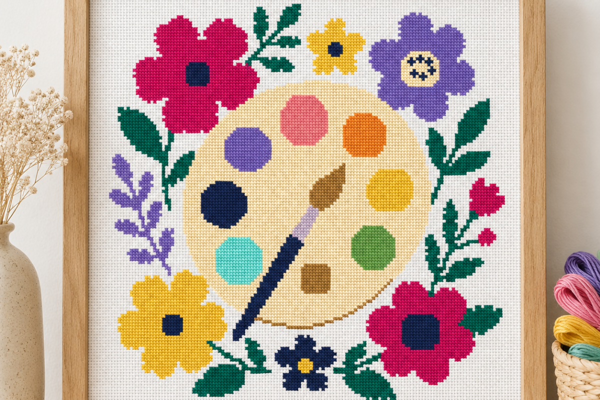 Floral Artist Palette Cross Stitch