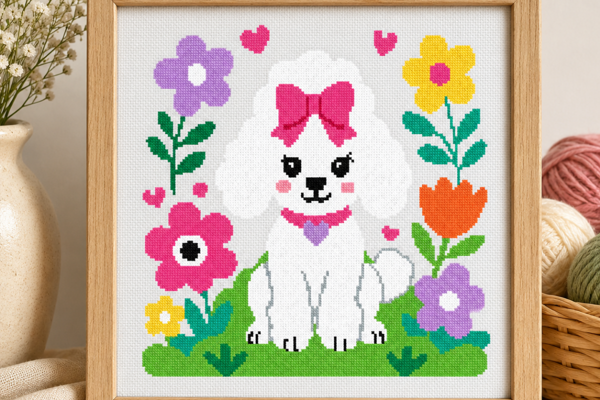 Fluffy Poodle Garden Cross Stitch