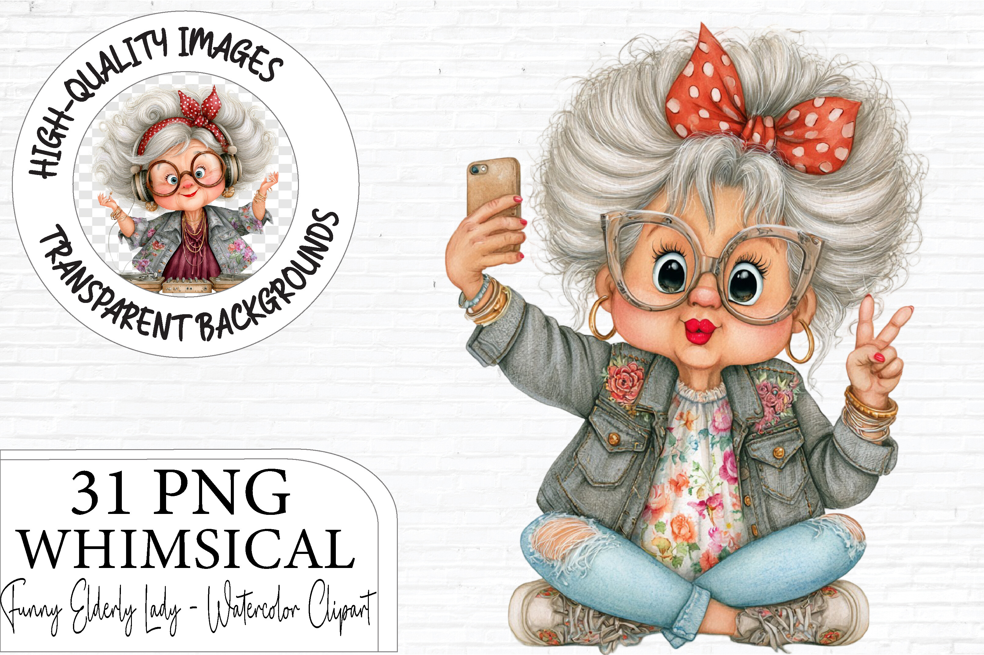 Funny Elderly Lady Clipart PNG Bundle
