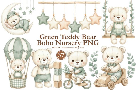 Green Teddy Bear Boho Nursery PNG