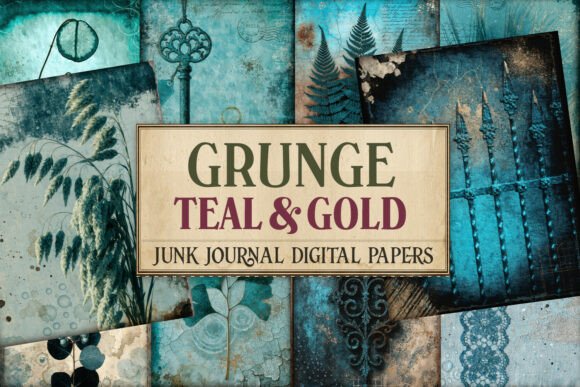 Grunge Teal & Gold Junk Journal Paper
