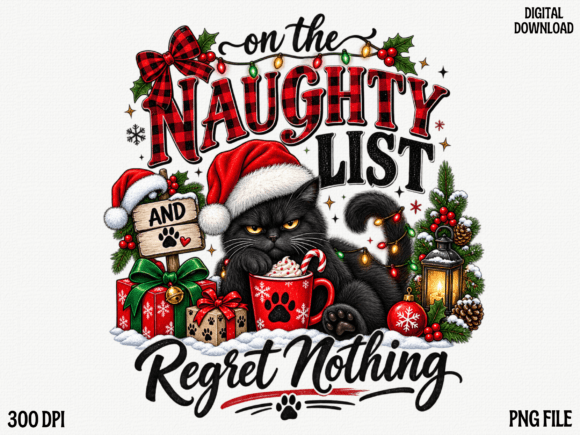 Naughty List Christmas Cat PNG Design Graphic Illustrations By Camel Muse