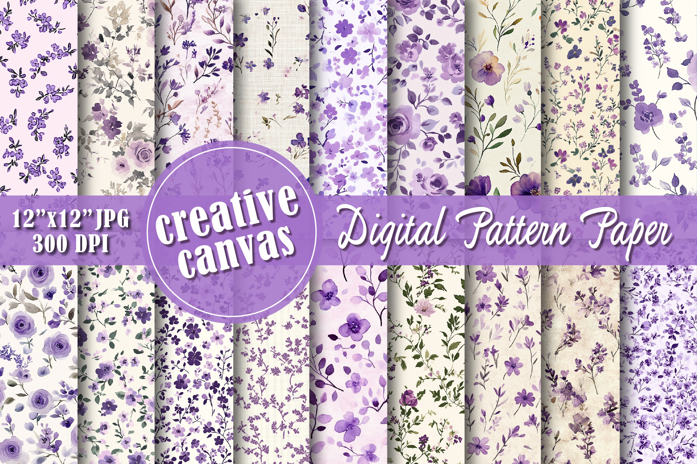 Purple Floral Digital Paper Bundle