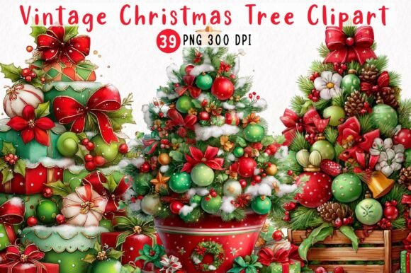 Vintage Christmas Tree Clipart Bundle