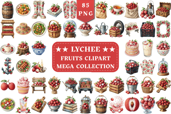 Lychee Fruit Watercolor Mega Clipart Set