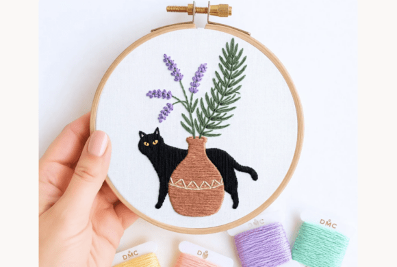 Black Cat Vase Hand Embroidery Pattern