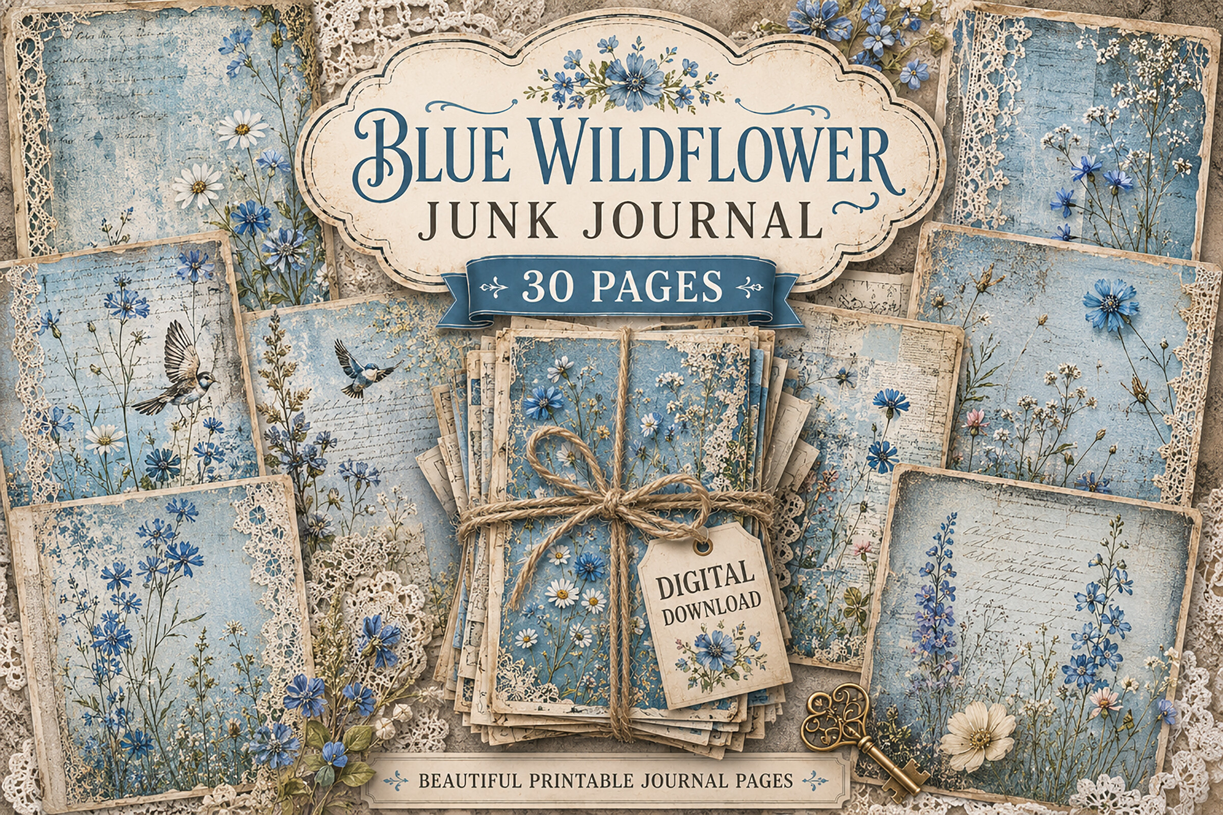 Blue Vintage Floral Junk Journal Papers