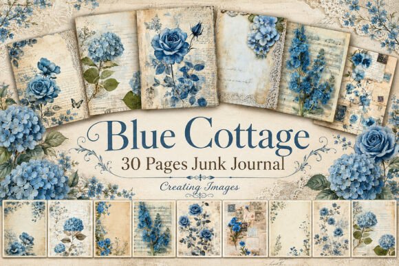 Blue Vintage Floral Junk Journal Papers