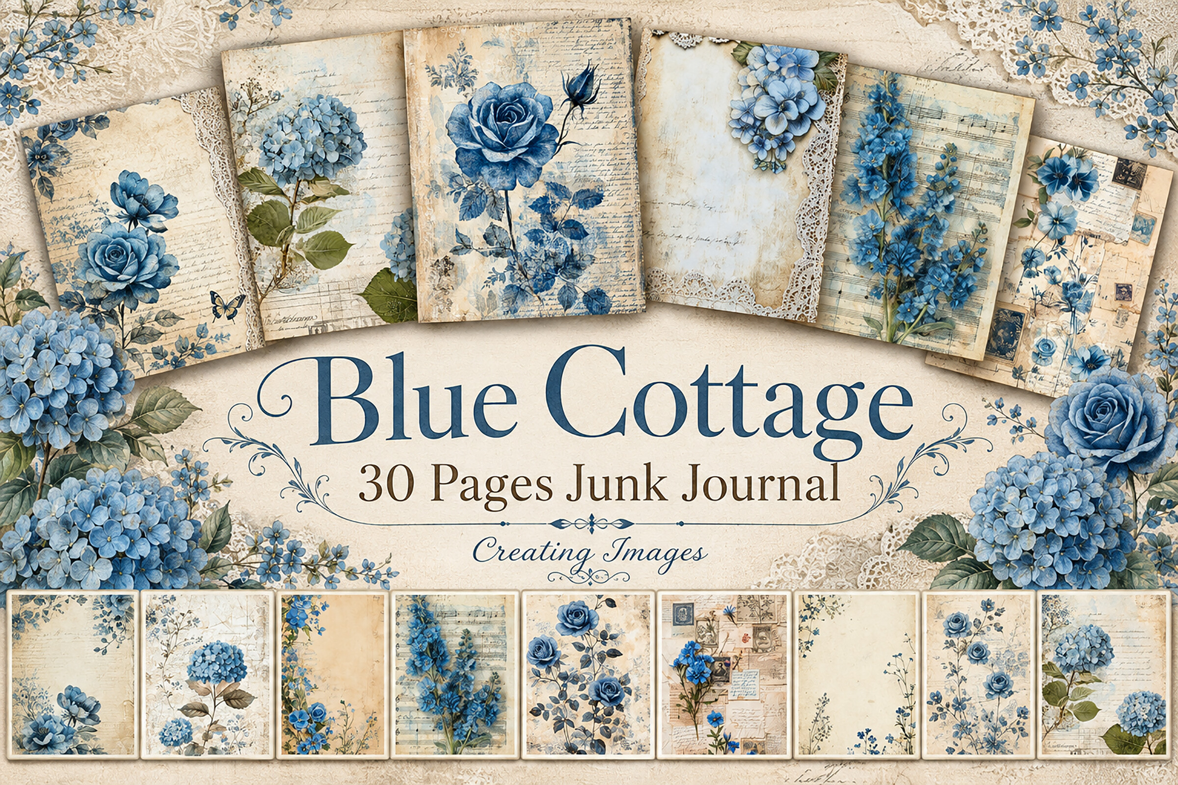 Blue Vintage Floral Junk Journal Papers