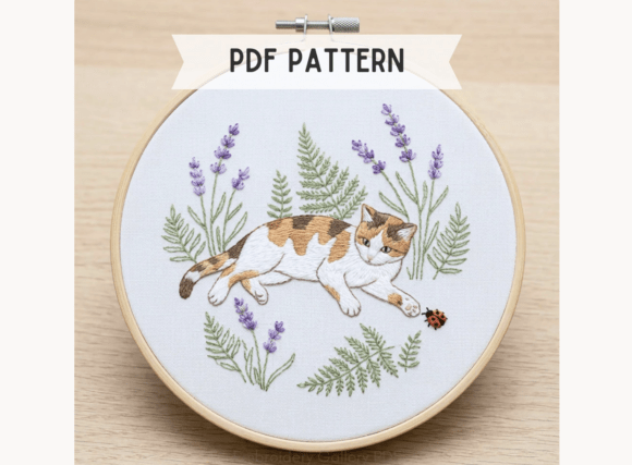 Calico Cat Lavender Embroidery Pattern