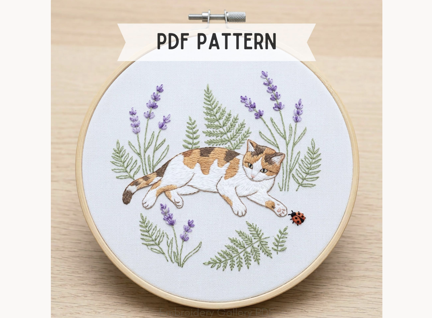 Calico Cat Lavender Embroidery Pattern
