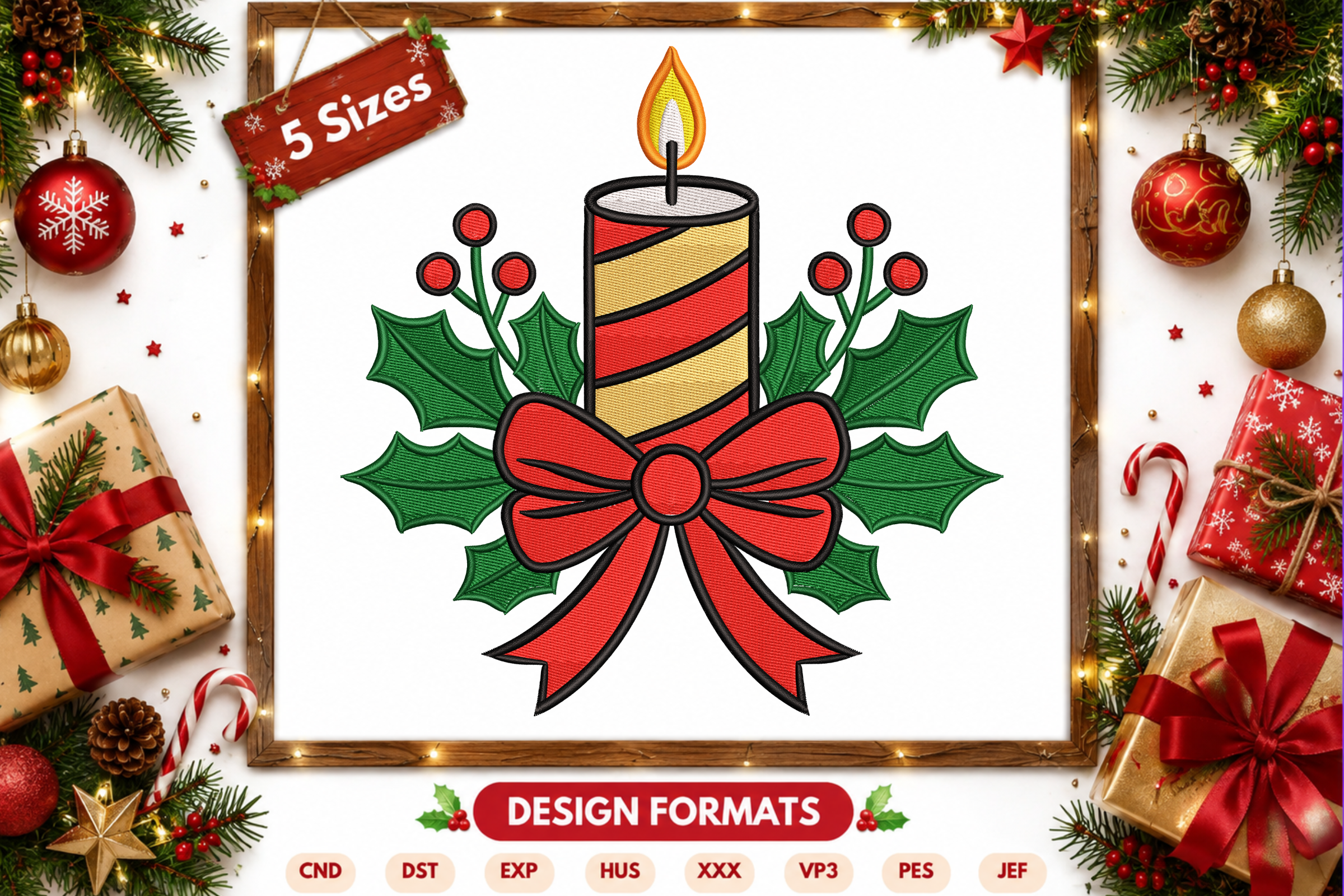 Christmas Candle Bow & Holly Embroidery - photo 1