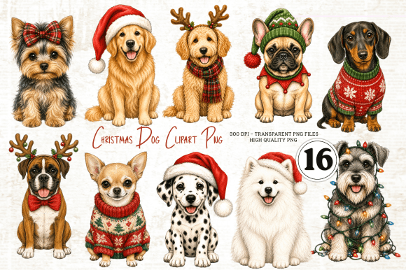 Christmas Dog Clipart Set PNG