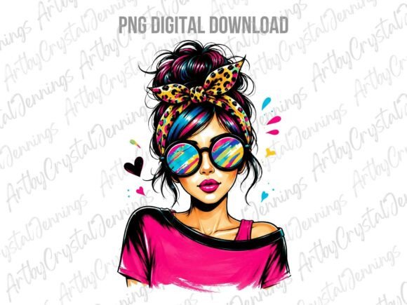 Colorful Retro Mom Messy Bun Boss PNG