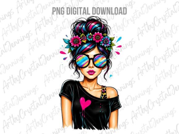 Colorful Retro Mom Messy Bun Boss PNG