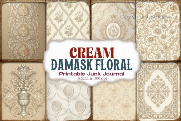Cream Damask Floral Junk Journal Pages